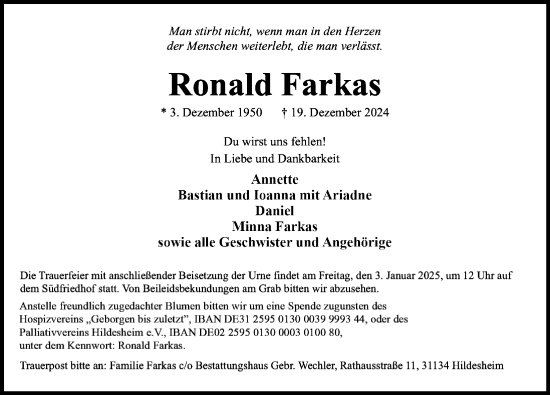Traueranzeige von Ronald Farkas von Hildesheimer Allgemeine Zeitung