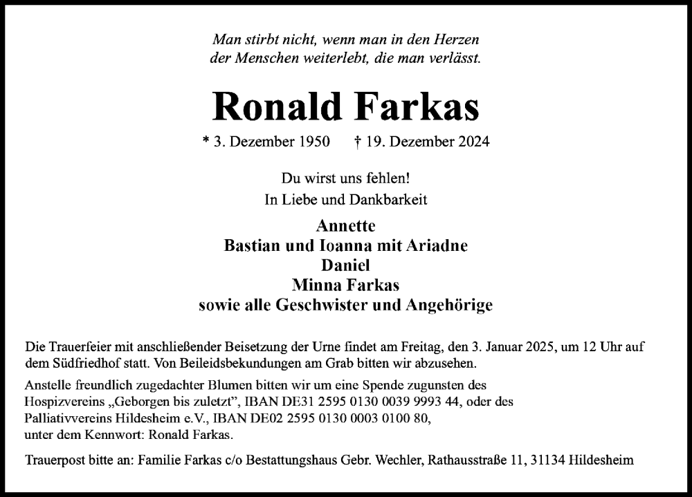 Traueranzeige für Ronald Farkas vom 28.12.2024 aus Hildesheimer Allgemeine Zeitung