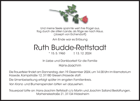 Traueranzeige von Ruth Budde-Rettstadt von Hildesheimer Allgemeine Zeitung