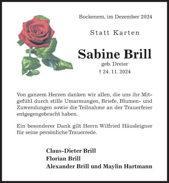 Traueranzeige von Sabine Brill von Hildesheimer Allgemeine Zeitung