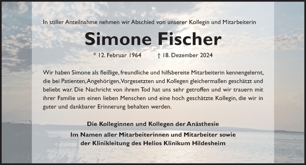  Traueranzeige für Simone Fischer vom 21.12.2024 aus Hildesheimer Allgemeine Zeitung