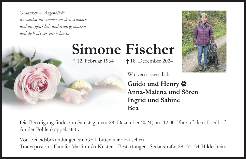  Traueranzeige für Simone Fischer vom 21.12.2024 aus Hildesheimer Allgemeine Zeitung