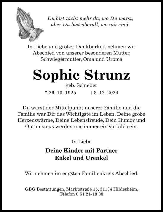 Traueranzeige von Sophie Strunz von Hildesheimer Allgemeine Zeitung