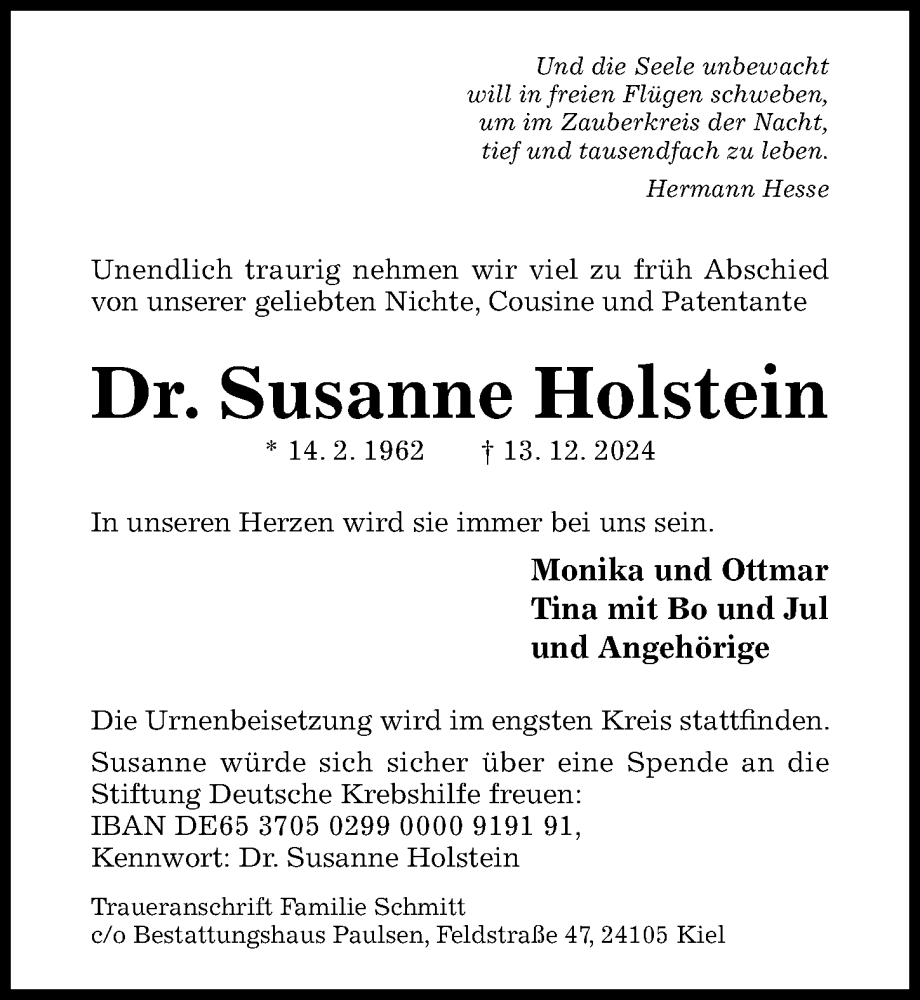  Traueranzeige für Susanne Holstein vom 21.12.2024 aus Hildesheimer Allgemeine Zeitung