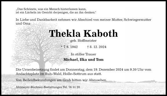 Traueranzeige von Thekla Kaboth von Hildesheimer Allgemeine Zeitung