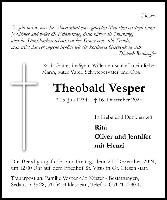 Traueranzeige von Theobald Vesper von Hildesheimer Allgemeine Zeitung