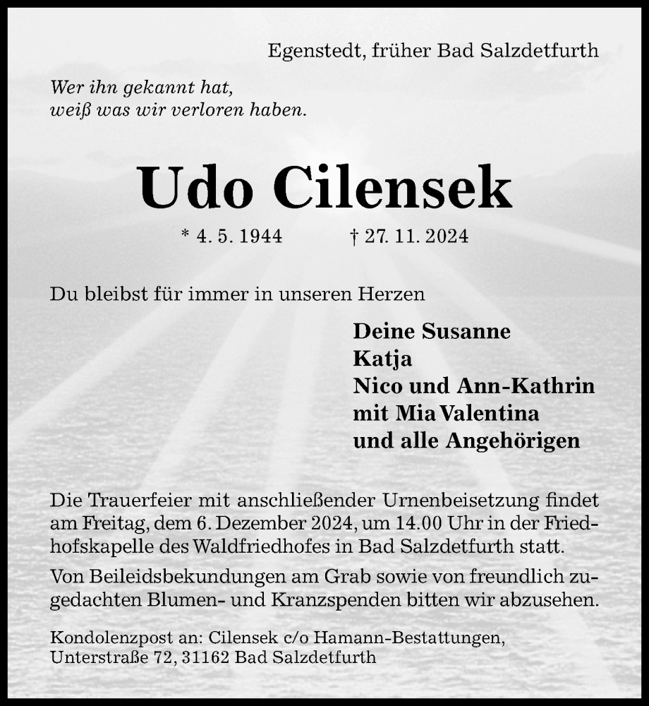  Traueranzeige für Udo Cilensek vom 02.12.2024 aus Hildesheimer Allgemeine Zeitung