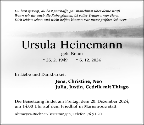 Traueranzeige von Ursula Heinemann von Hildesheimer Allgemeine Zeitung