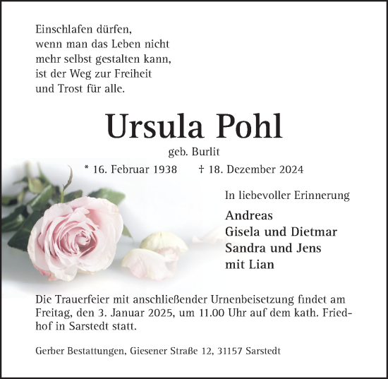 Traueranzeige von Ursula Pohl von Hildesheimer Allgemeine Zeitung
