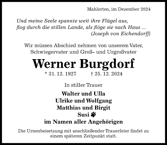 Traueranzeige von Werner Burgdorf von Hildesheimer Allgemeine Zeitung