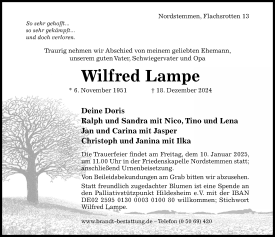 Traueranzeige von Wilfred Lampe von Hildesheimer Allgemeine Zeitung