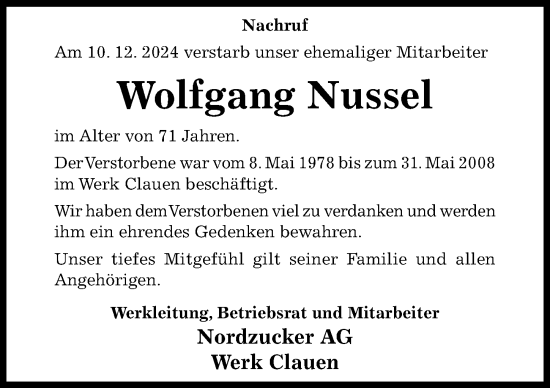 Traueranzeige von Wolfgang Nussel von Hildesheimer Allgemeine Zeitung