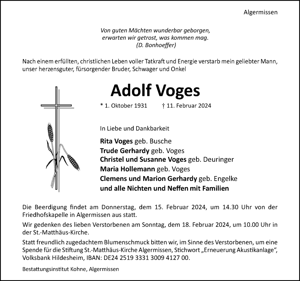  Traueranzeige für Adolf Voges vom 14.02.2024 aus Hildesheimer Allgemeine Zeitung