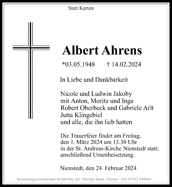 Traueranzeige von Albert Ahrens von Hildesheimer Allgemeine Zeitung