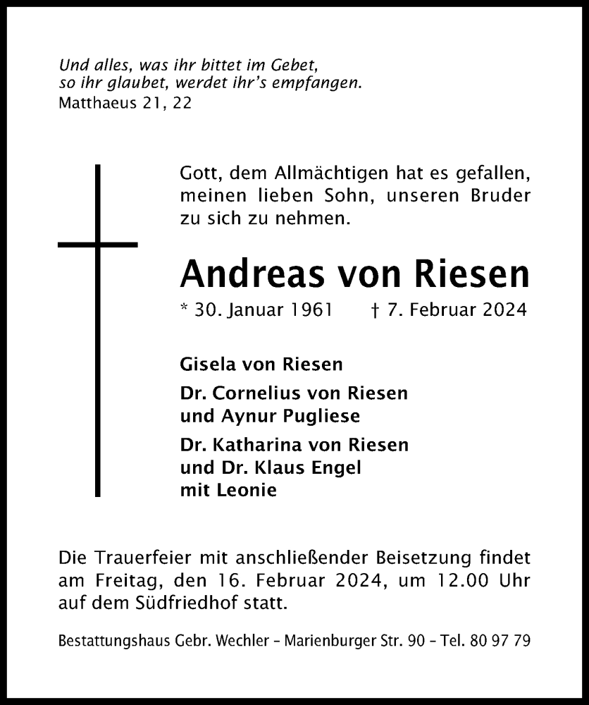  Traueranzeige für Andreas von Riesen vom 10.02.2024 aus Hildesheimer Allgemeine Zeitung