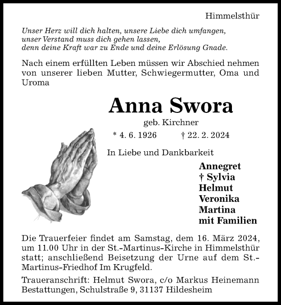 Traueranzeige von Anna Swora von Hildesheimer Allgemeine Zeitung