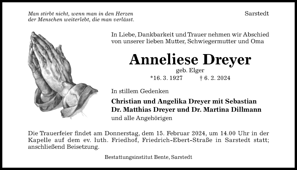  Traueranzeige für Anneliese Dreyer vom 10.02.2024 aus Hildesheimer Allgemeine Zeitung