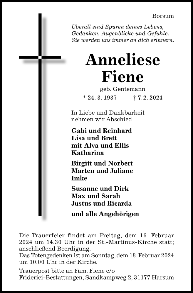  Traueranzeige für Anneliese Fiene vom 10.02.2024 aus Hildesheimer Allgemeine Zeitung