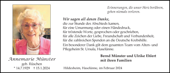 Traueranzeige von Annemarie Münster von Hildesheimer Allgemeine Zeitung