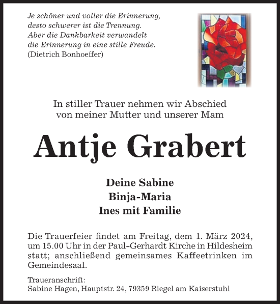 Traueranzeige von Antje Grabert von Hildesheimer Allgemeine Zeitung