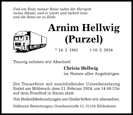 Traueranzeige von Arnim Hellwig von Hildesheimer Allgemeine Zeitung