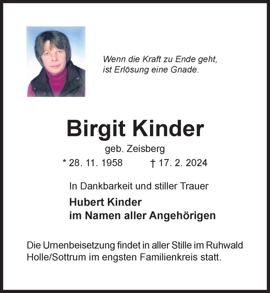  Traueranzeige für Birgit Kinder vom 28.02.2024 aus Hildesheimer Allgemeine Zeitung