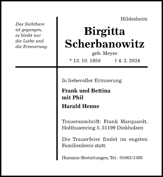 Traueranzeige von Birgitta Scherbanowitz von Hildesheimer Allgemeine Zeitung