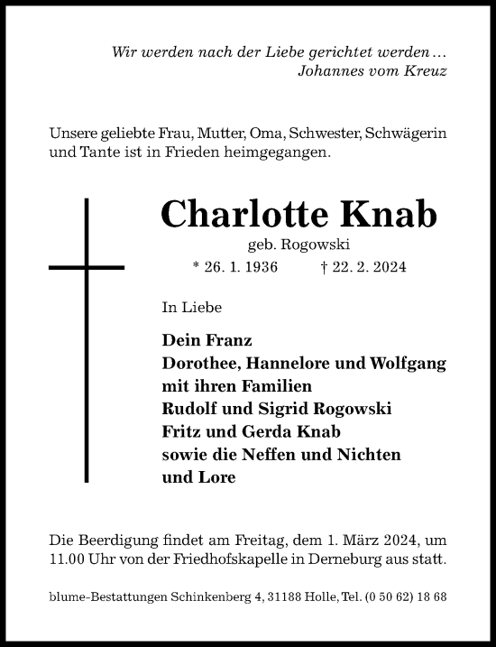 Traueranzeige von Charlotte Knab von Hildesheimer Allgemeine Zeitung