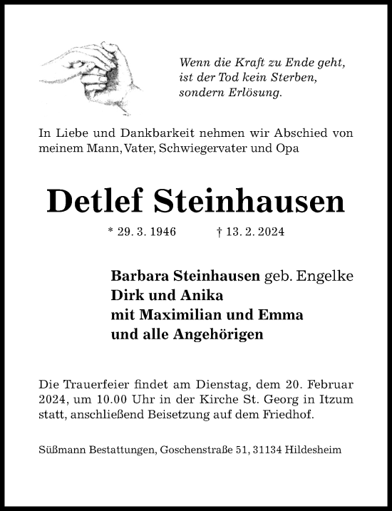 Traueranzeige von Detlef Steinhausen von Hildesheimer Allgemeine Zeitung