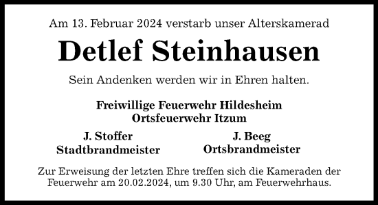 Traueranzeige von Detlef Steinhausen von Hildesheimer Allgemeine Zeitung