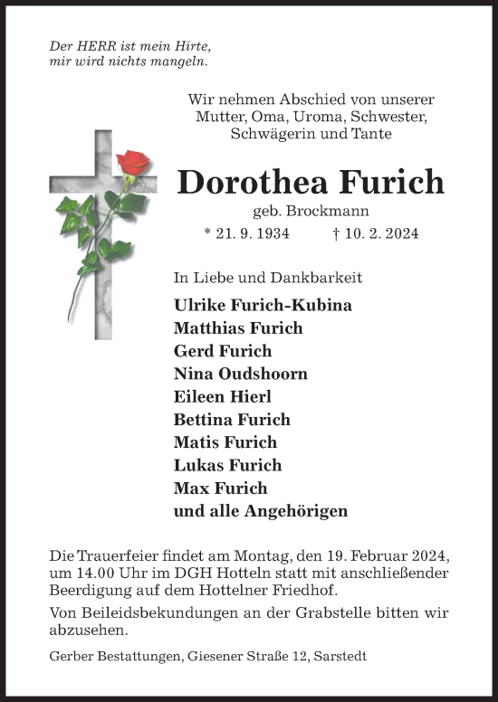 Traueranzeige von Dorothea Furich von Hildesheimer Allgemeine Zeitung