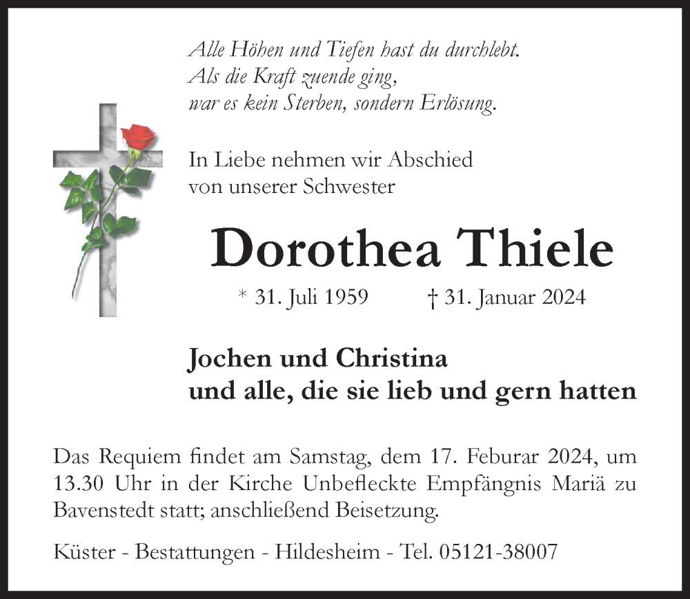  Traueranzeige für Dorothea Thiele vom 10.02.2024 aus Hildesheimer Allgemeine Zeitung