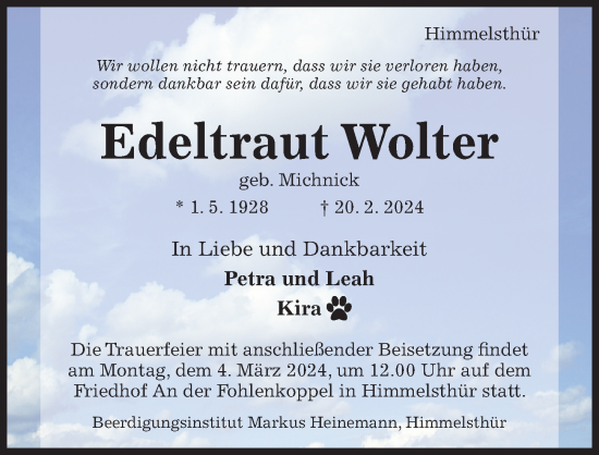 Traueranzeige von Edeltraut Wolter von Hildesheimer Allgemeine Zeitung