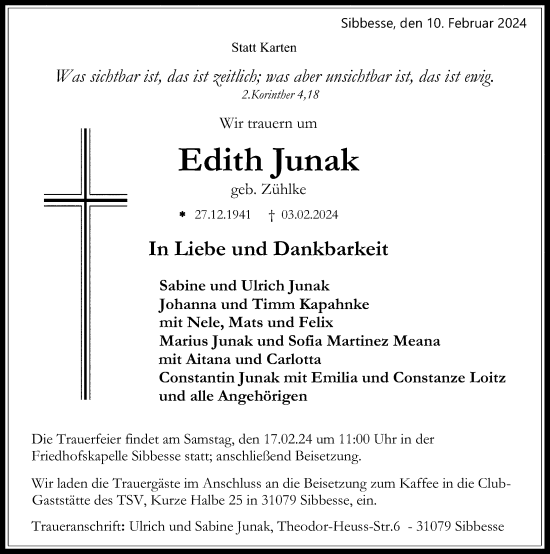 Traueranzeige von Edith Junak von Hildesheimer Allgemeine Zeitung