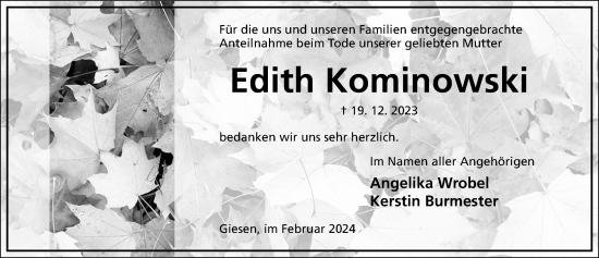 Traueranzeige von Edith Kominowski von Hildesheimer Allgemeine Zeitung