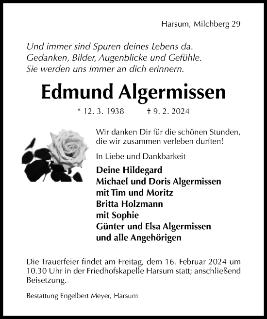 Traueranzeige von Edmund Algermissen von Hildesheimer Allgemeine Zeitung