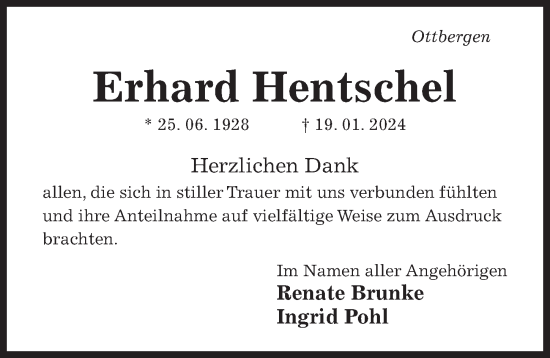 Traueranzeige von Erhard Hentschel von Hildesheimer Allgemeine Zeitung