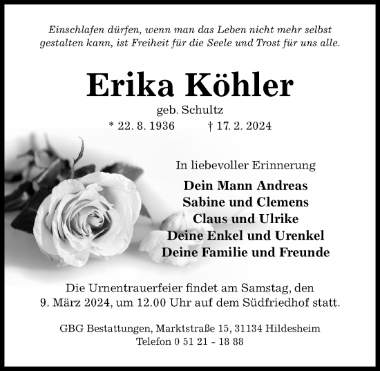Traueranzeige von Erika Köhler von Hildesheimer Allgemeine Zeitung