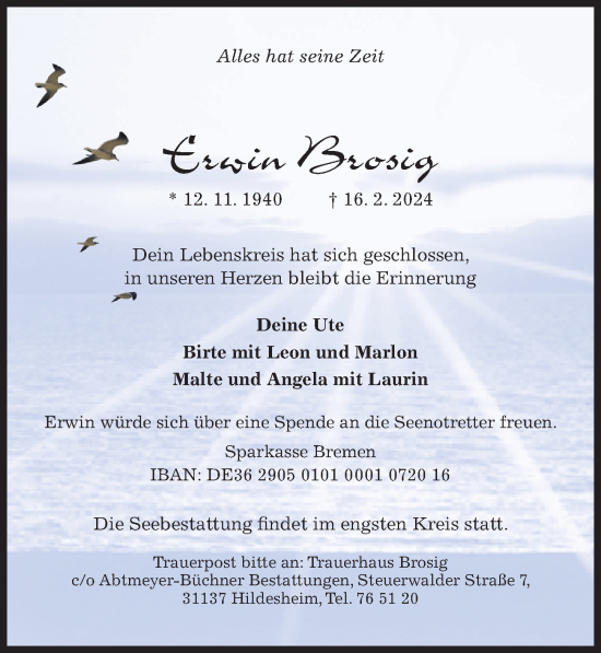 Traueranzeige von Erwin Brosig von Hildesheimer Allgemeine Zeitung
