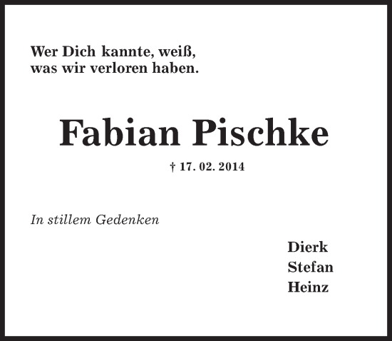 Traueranzeige von Fabian Pischke von Hildesheimer Allgemeine Zeitung