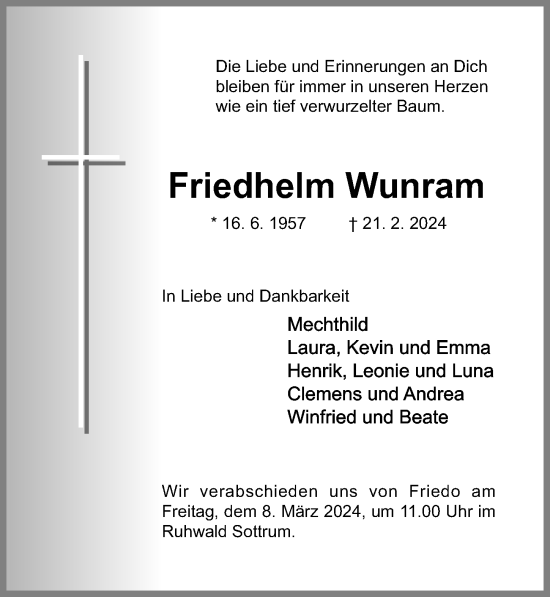 Traueranzeige von Friedhelm Wunram von Hildesheimer Allgemeine Zeitung