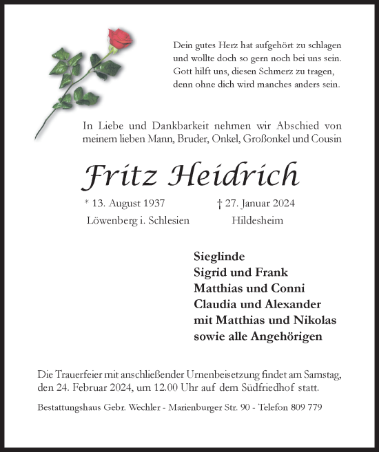 Traueranzeige von Fritz Heidrich von Hildesheimer Allgemeine Zeitung