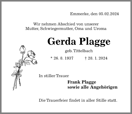 Traueranzeige von Gerda Plagge von Hildesheimer Allgemeine Zeitung