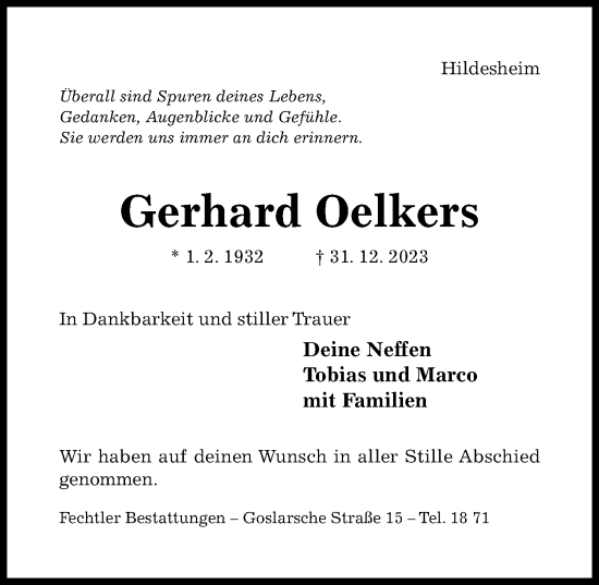 Traueranzeige von Gerhard Oelkers von Hildesheimer Allgemeine Zeitung