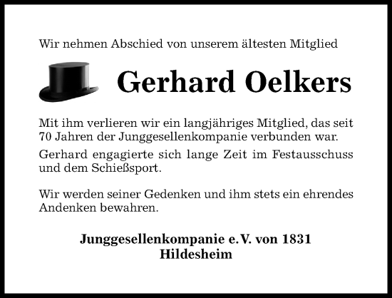 Traueranzeige von Gerhard Oelkers von Hildesheimer Allgemeine Zeitung