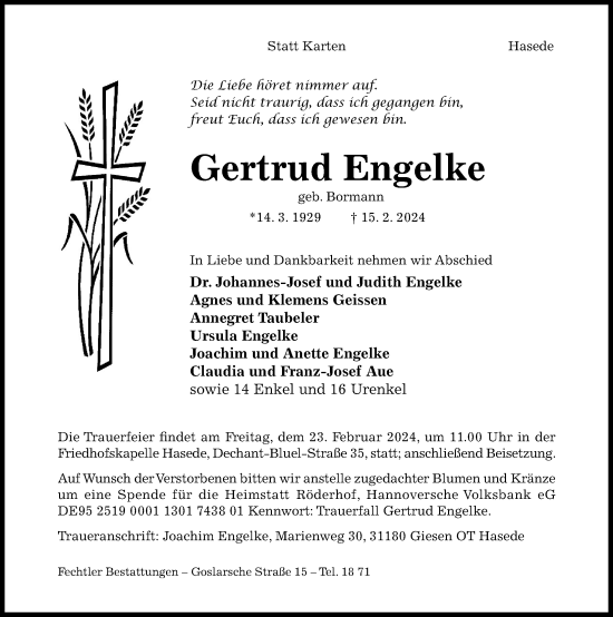 Traueranzeige von Gertrud Engelke von Hildesheimer Allgemeine Zeitung