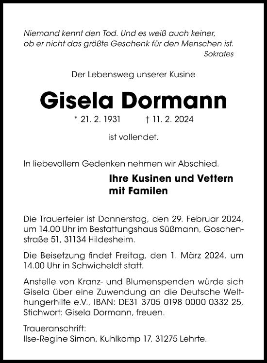 Traueranzeige von Gisela Dormann von Hildesheimer Allgemeine Zeitung