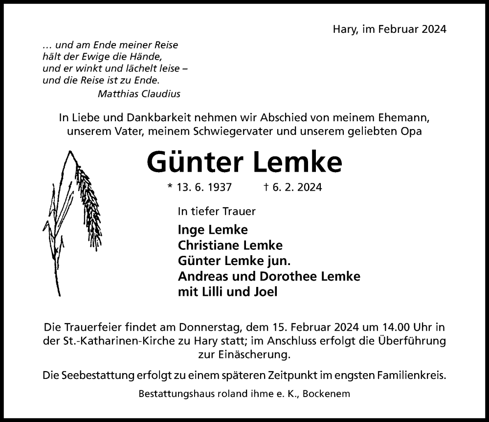  Traueranzeige für Günter Lemke vom 10.02.2024 aus Hildesheimer Allgemeine Zeitung