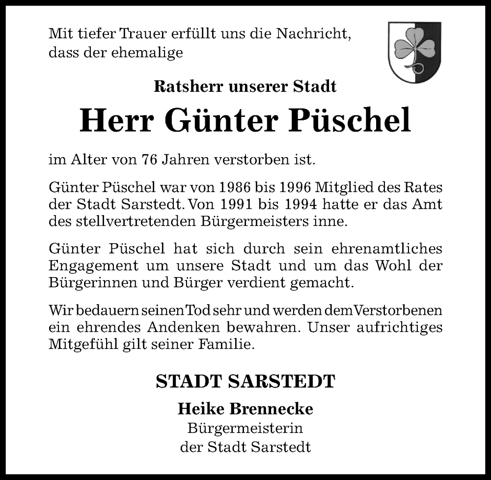  Traueranzeige für Günter Püschel vom 24.02.2024 aus Hildesheimer Allgemeine Zeitung