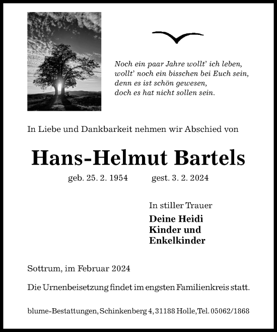 Traueranzeige von Hans-Helmut Bartels von Hildesheimer Allgemeine Zeitung